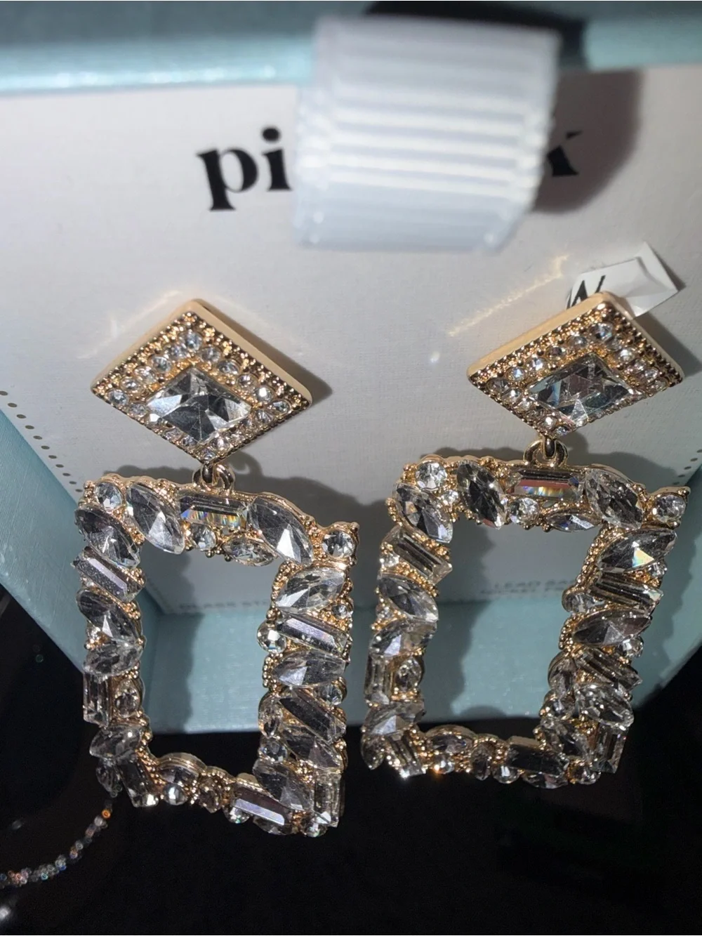 Piper K Square Crystal Drop Oversized Earrings NWT Gold Tone